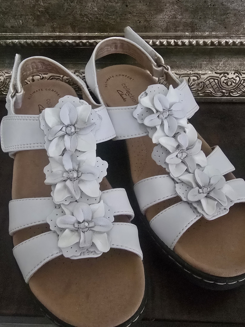 Clarks White Floral Leather Strappy Sandals